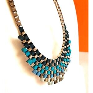 Chunky Gold Tone Woven Ombre Blue Ribbon Statement Bib Necklace 22"